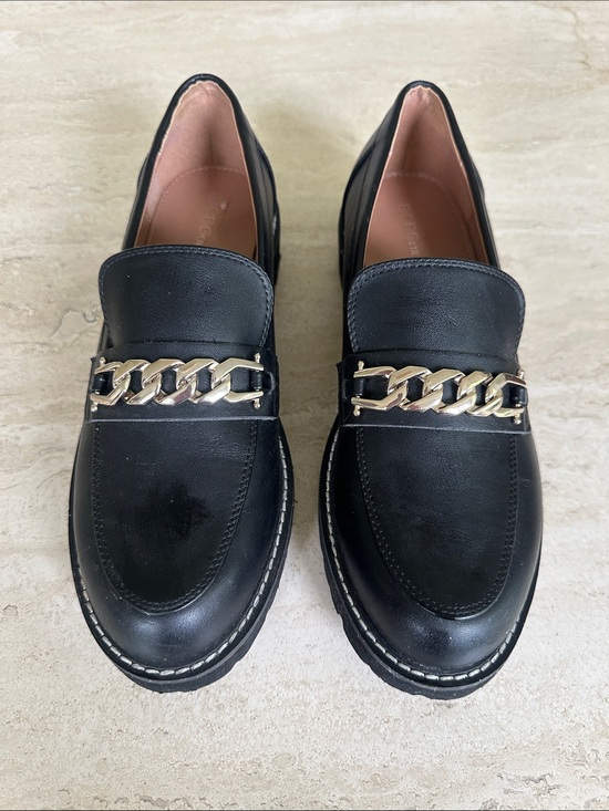 BCBGeneration Shoes - BCBGeneration Black Leather Loafers with Gold Chain Accent